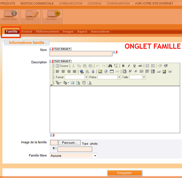 site ecommerce-liste des familles-onglet famille