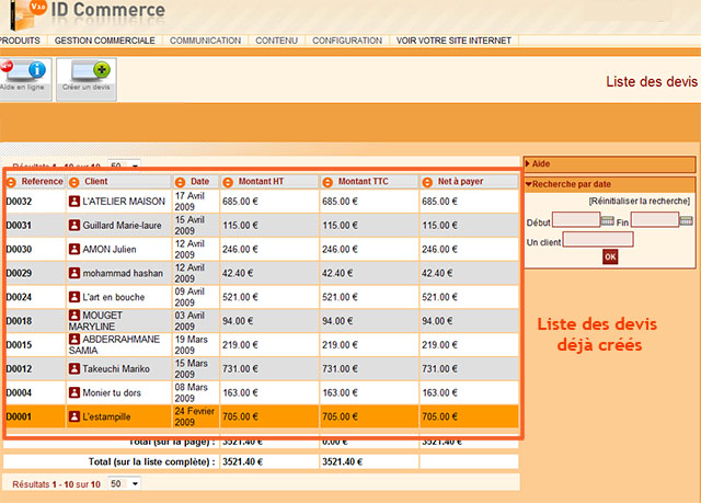 ecommerce liste devis